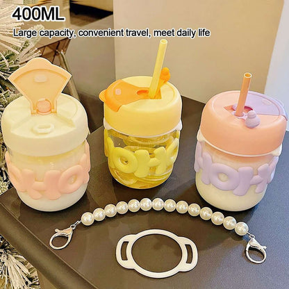 Sipper Bottle with Straw and Pearl String Handle